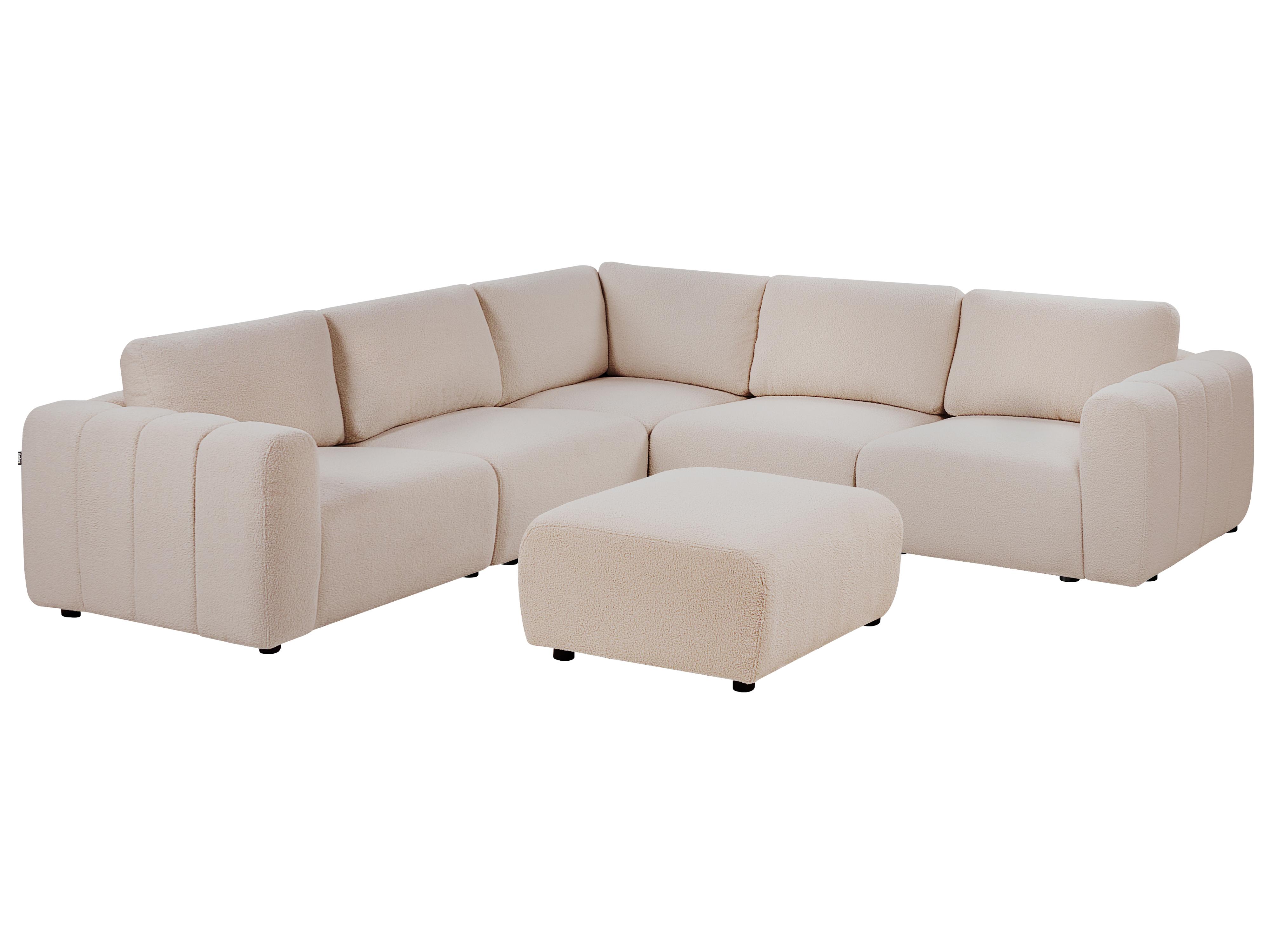 Modulaire hoekbank 5-zits KIVVIK Bouclé Beige met ottomaan rechtszijdig