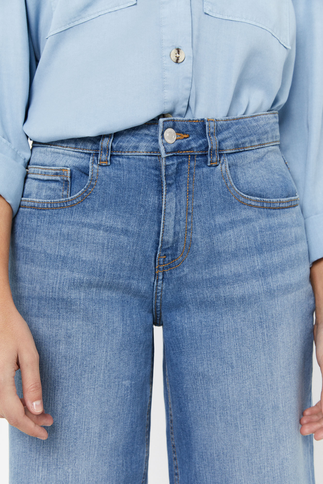 Calça jeans palazzo de 5 bolsos - Azul escuro