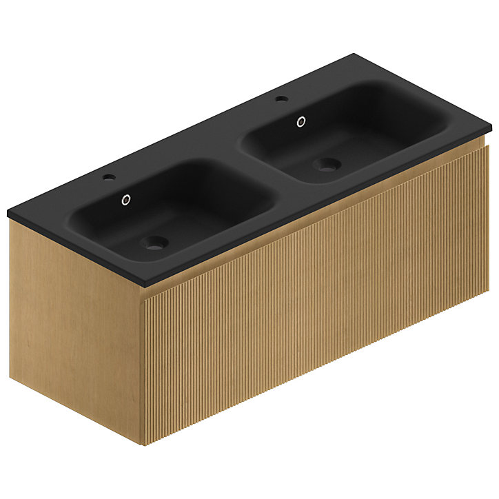 Meuble sous vasque à suspendre Pura placage chêne clair strié 120 cm + Plan double vasque en résine noir mat