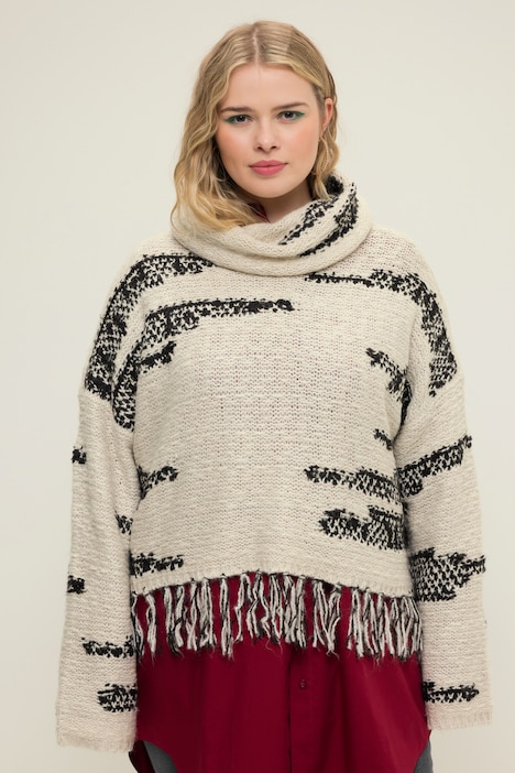 Rollkragen-Pullover, oversized, Jacquard-Strick, Fransensaum
