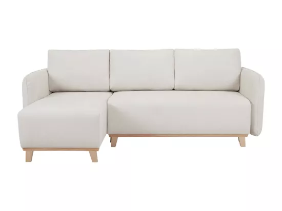 Canapé d'angle convertible et réversible 3-4 places en tissu effet velours beige et bois clair ROMANE