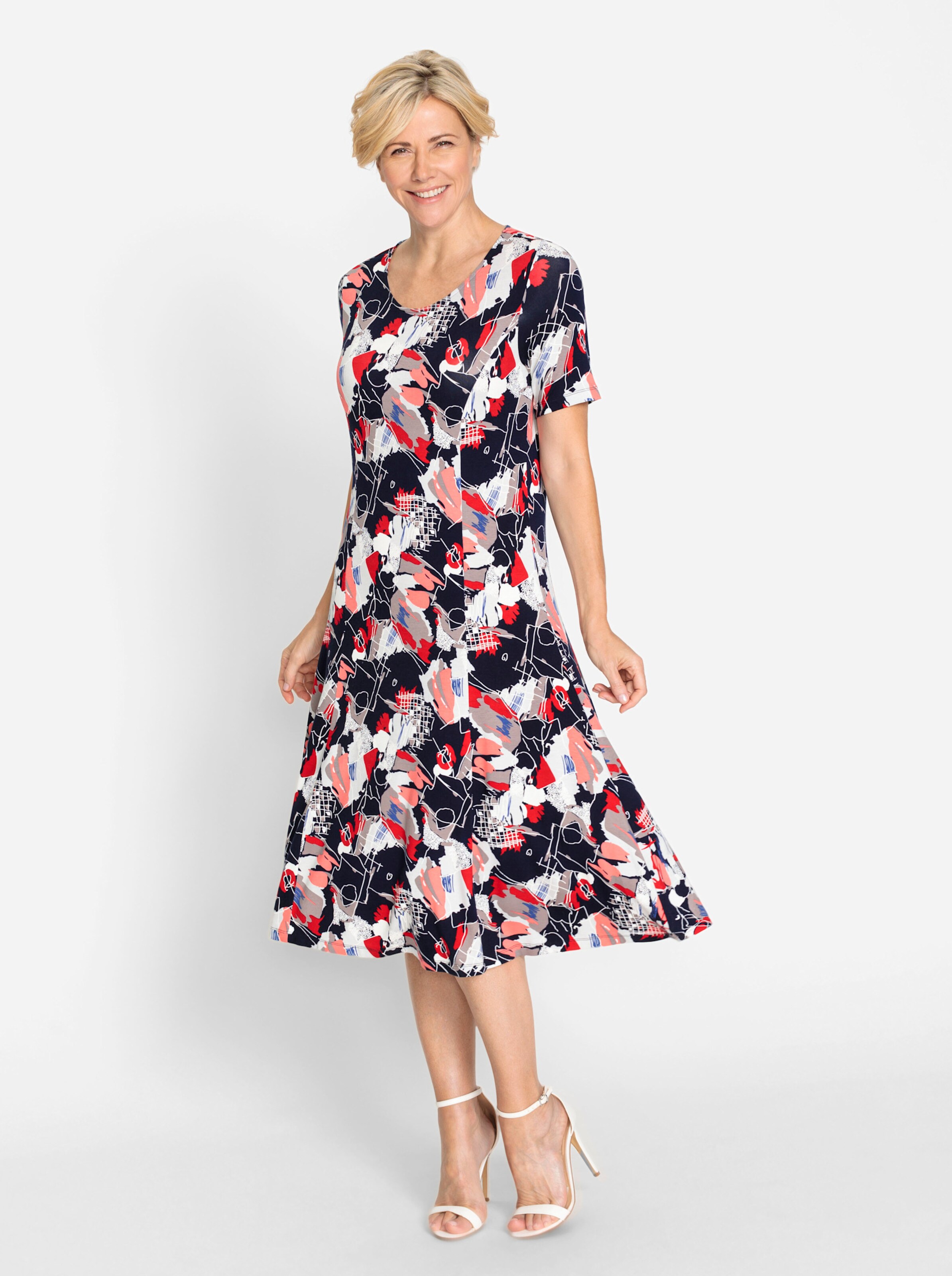 Jersey-Kleid in marine-koralle-bedruckt