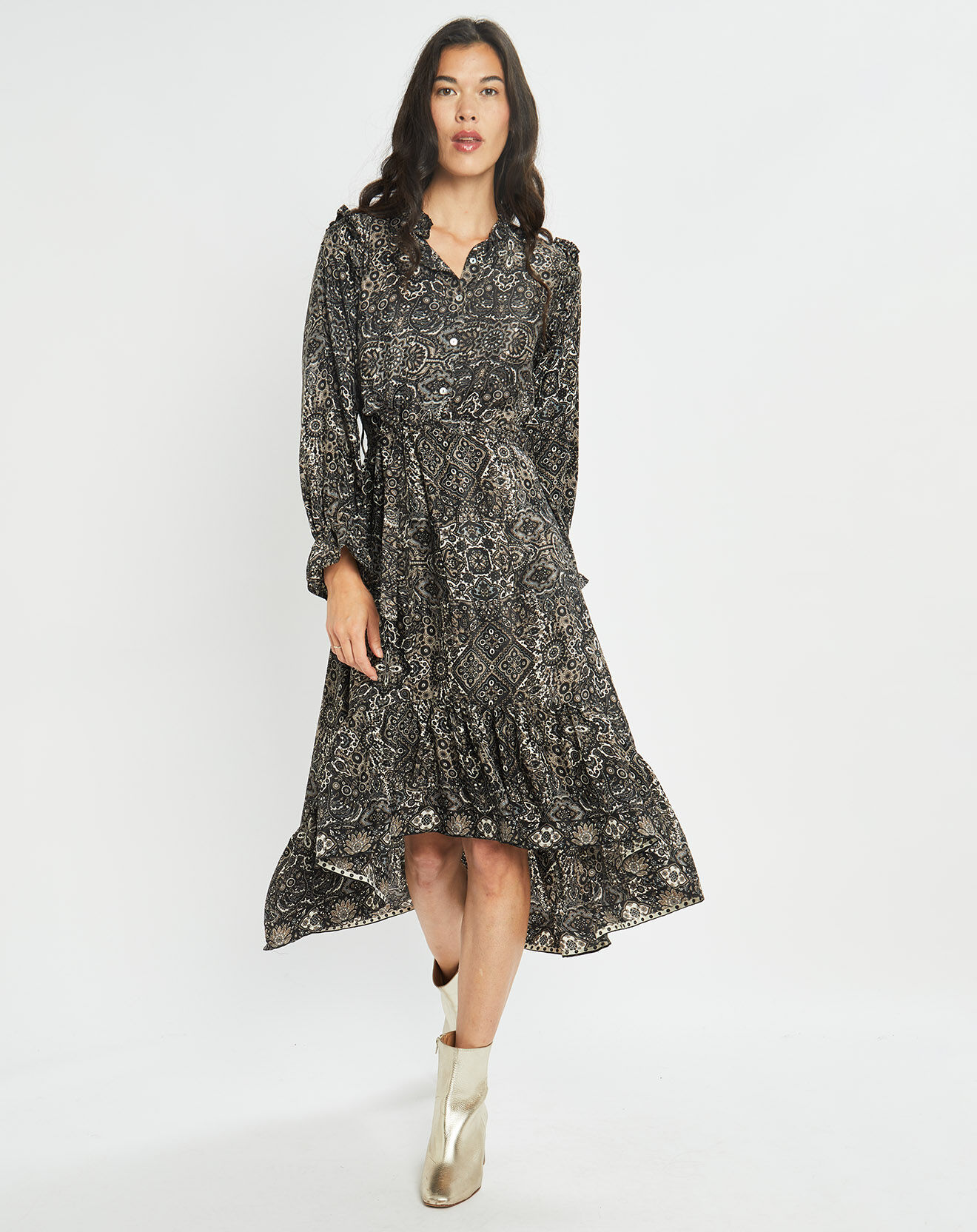 Lauren Vidal Robe en Soie mélangée Sasha imprimée jaipur noire