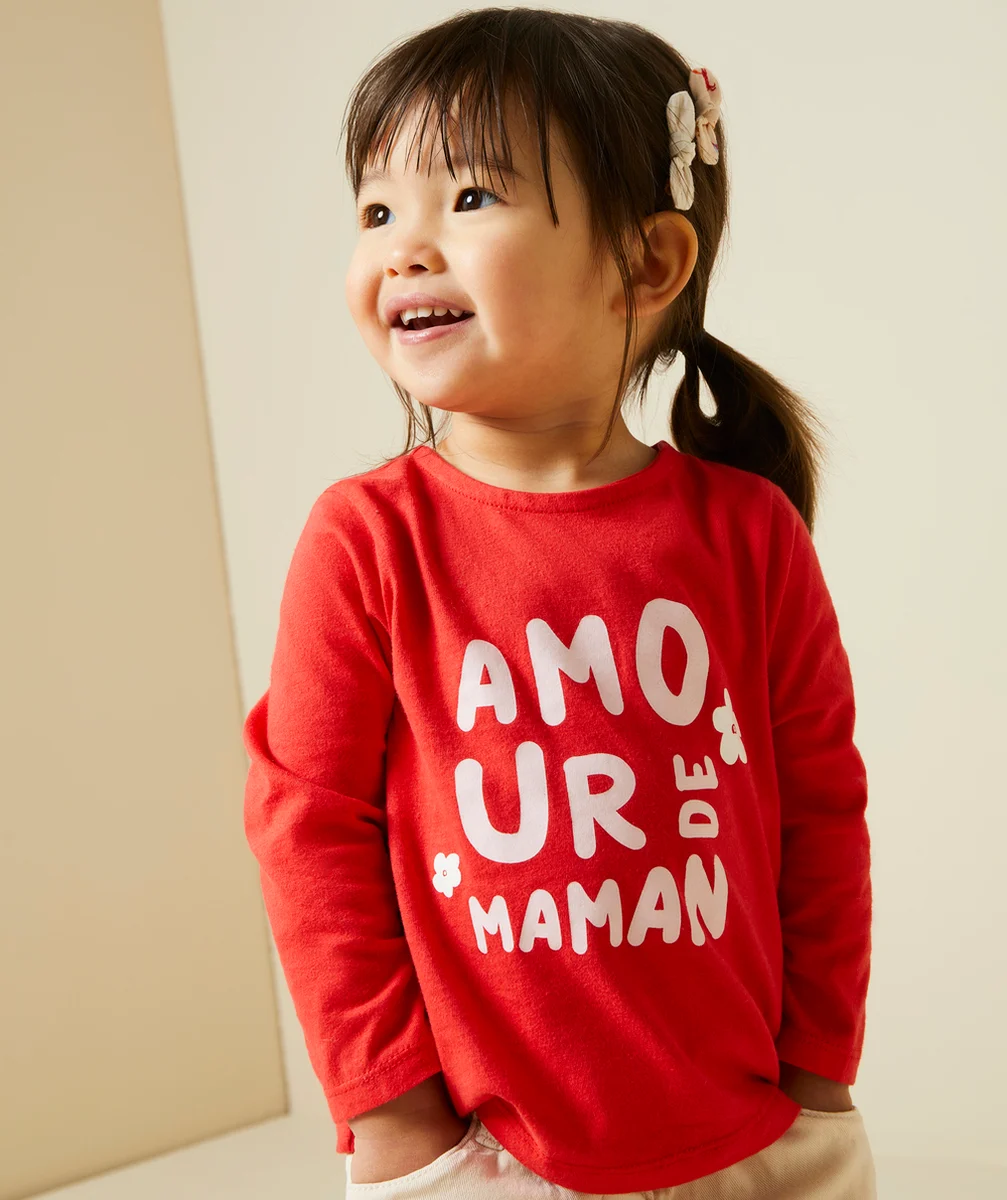 T-SHIRT MANCHES LONGUES BÉBÉ FILLE EN COTON BIO ROUGE AVEC MESSAGE