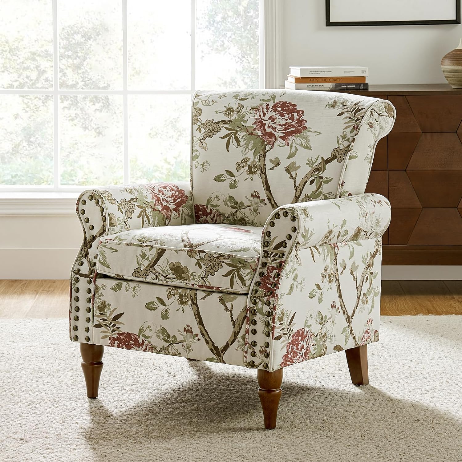 HULALA HOME Sessel gemütlich Ohrensessel Lesesessel bequem mit gerollten Armlehnen und Rücken Massivholzbeinen und Blumenmuster für Wohnzimmer Schlafzimmer, Weiß