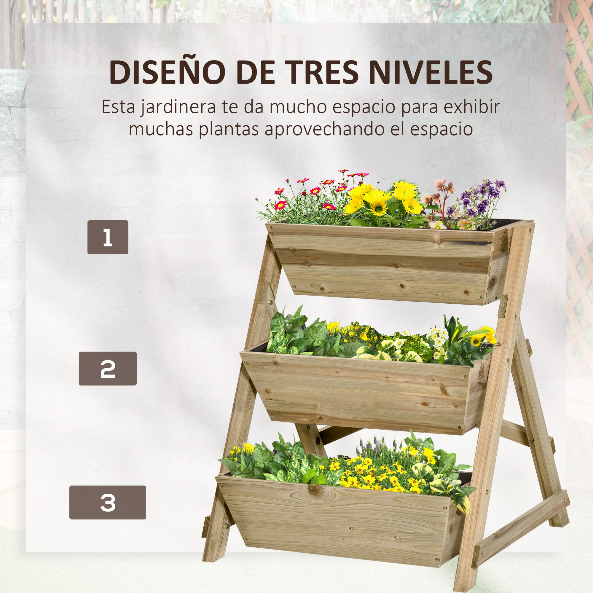 Jardineira vertical de madeira Outsunny com 3 níveis, revestida com tecido não tecido e com furos de drenagem. Ideal para plantas e vasos de flores em jardins urbanos. Dimensões: 71 x 61 x 77 cm. Cor: Natural.