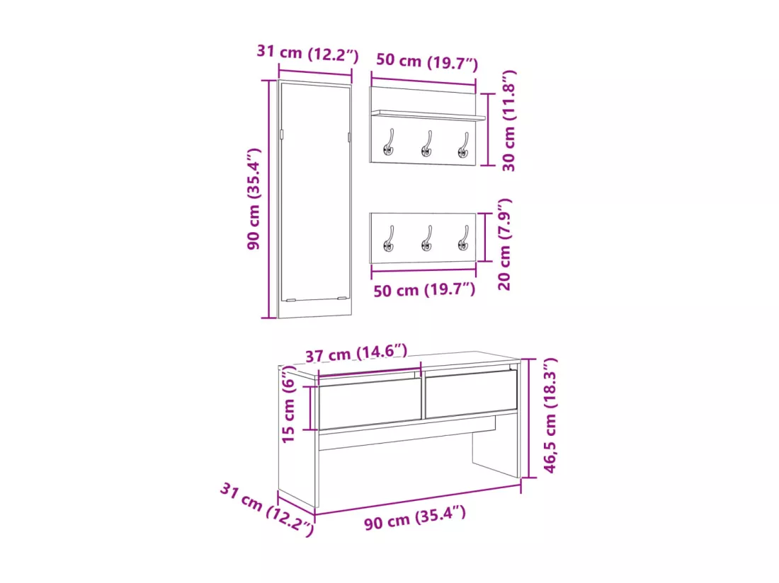Ensemble de meubles de couloir 4 pcs noir bois d'ingénierie