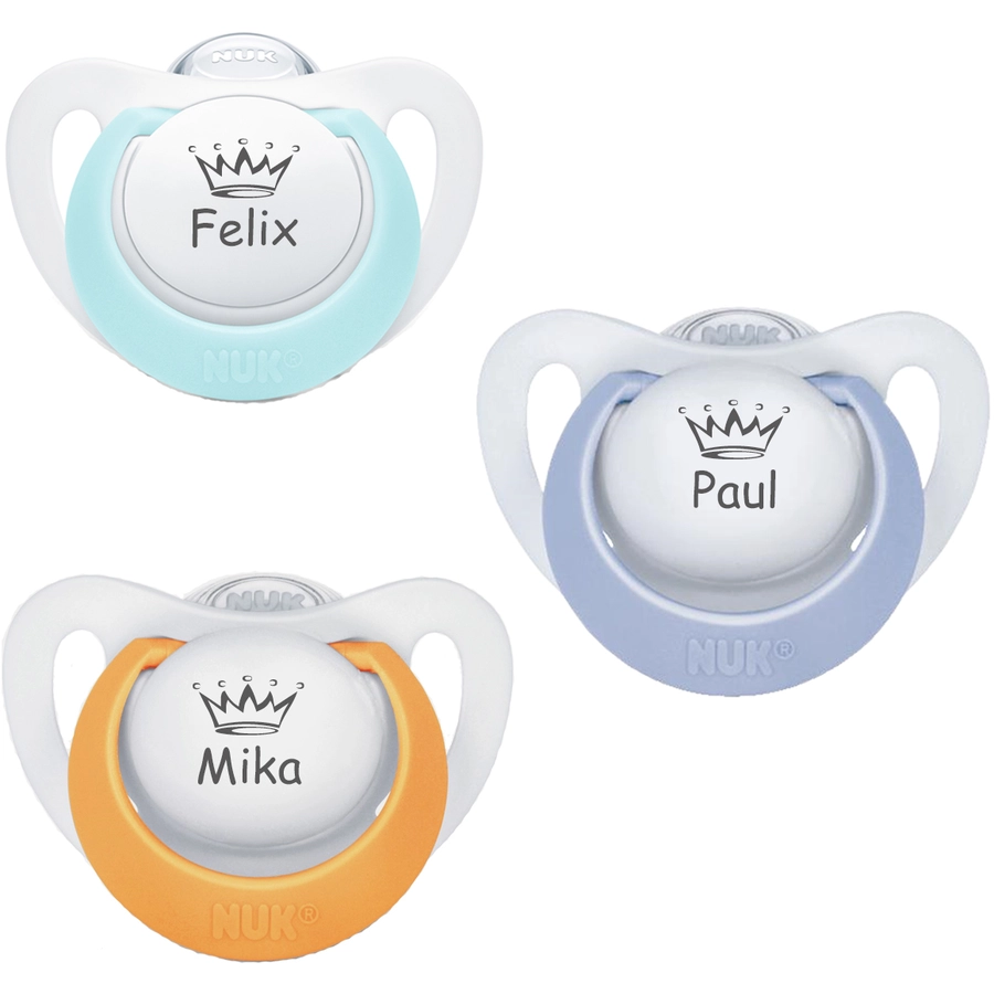 Schnullireich Schnuller mit Namen  Namensschnuller NUK Genius Krone – 2er Set (Junge) Weiß
