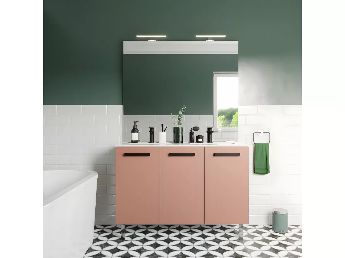 Meuble de salle de bain suspendu avec pieds double vasque intégrée 120cm 3 portes Abricot - Chelsea