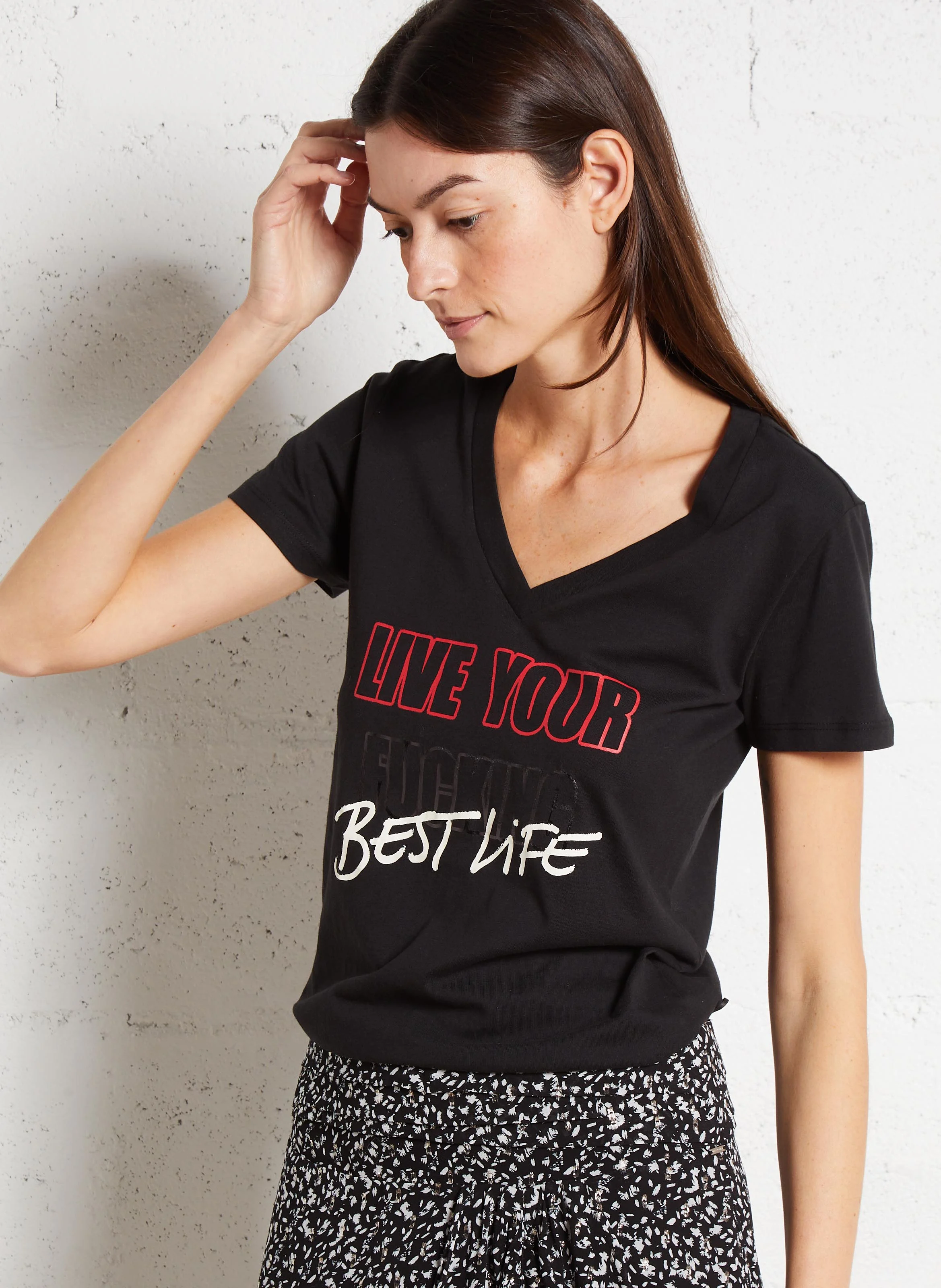 Tee-shirt droit col V en coton | Noir
