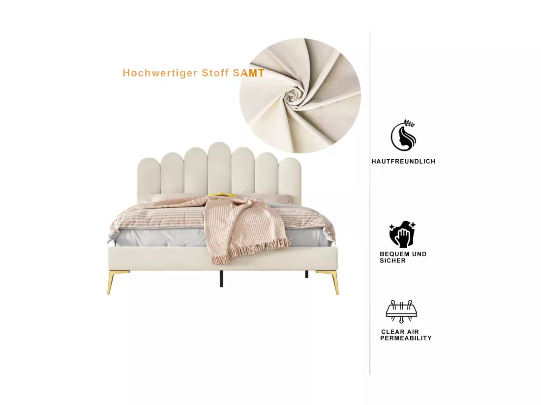 Lit double rembourré en velours - 140x200cm - tête de lit en forme de fleur - avec sommier à lattes - Beige