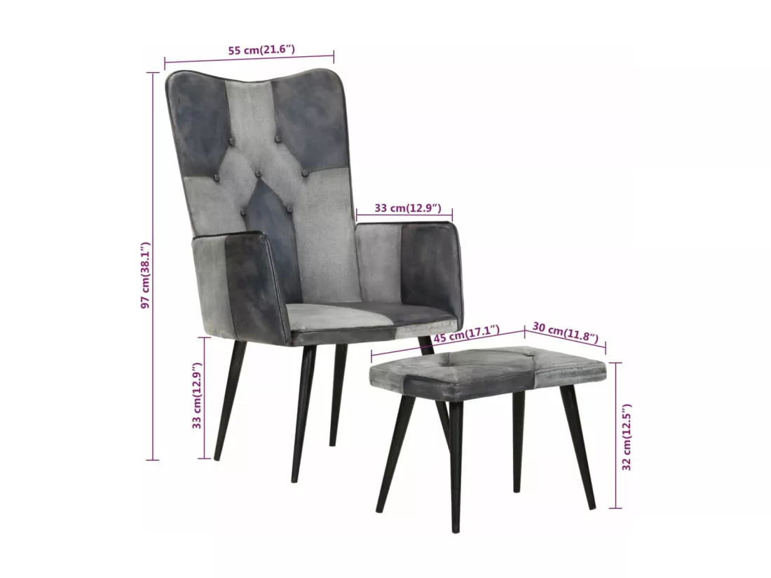 Fauteuil avec repose-pieds Gris Cuir véritable et toile
