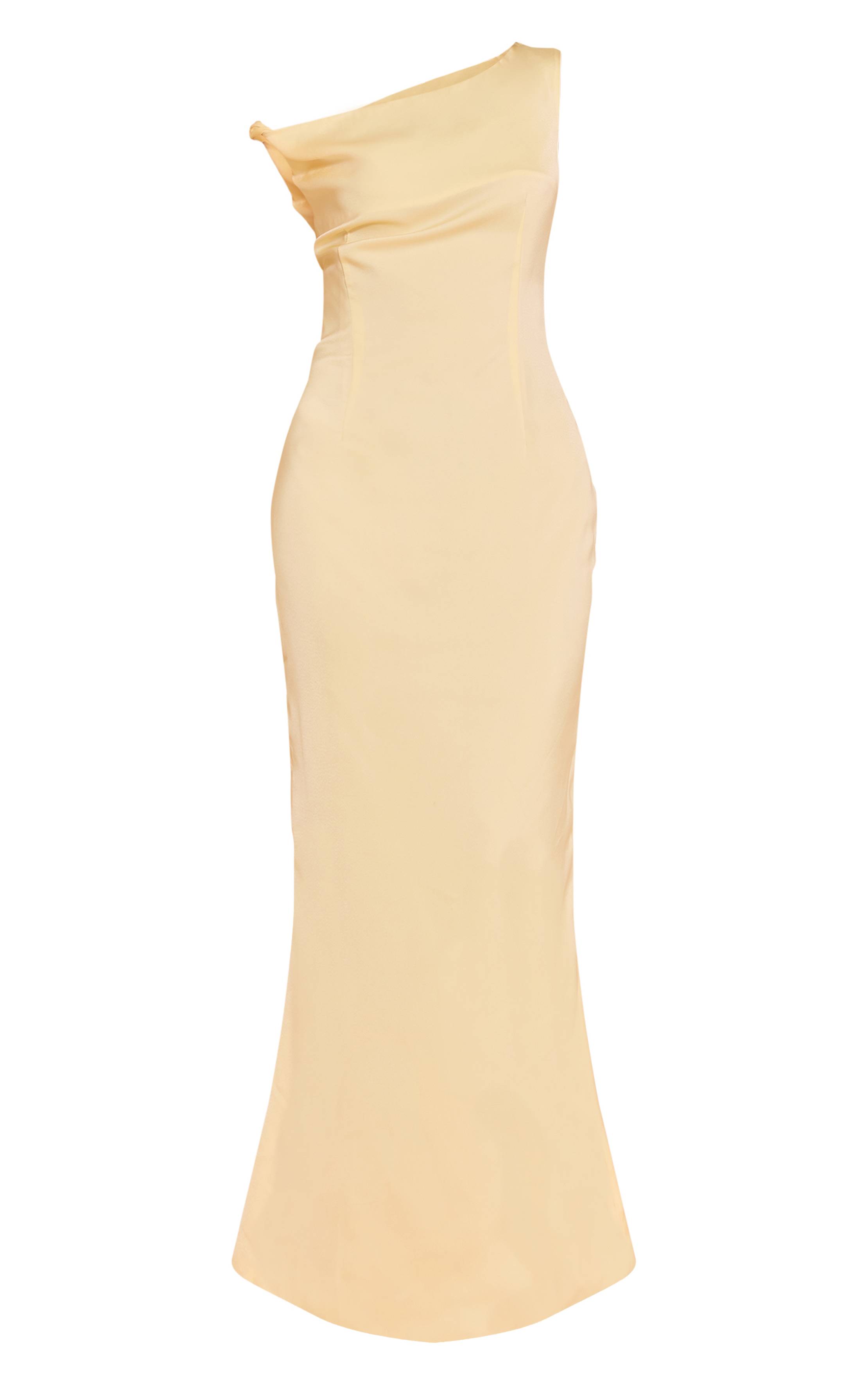 Citron Robe Longue Asymétrique En Satin Avec Col Bardot Torsadé