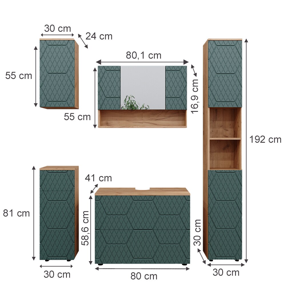 Vicco Badmöbel-Set Irma Eiche Grün 5-teilig Hochschrank Midischrank 81 cm