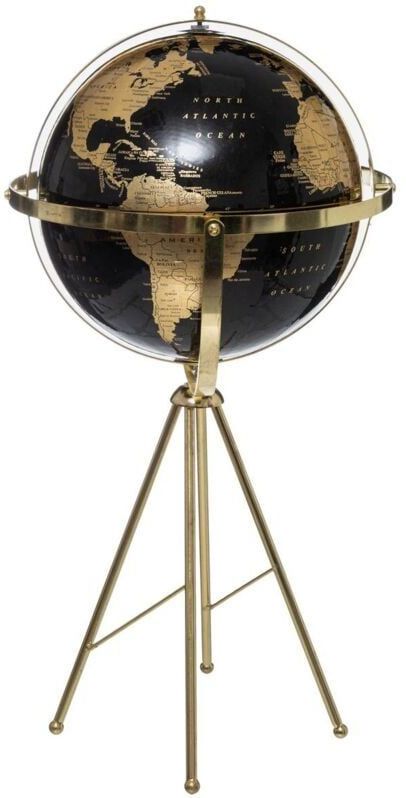 Decoratie wereldbol/globe - zwart/goud - op metalen voet - D34 x H60 cm