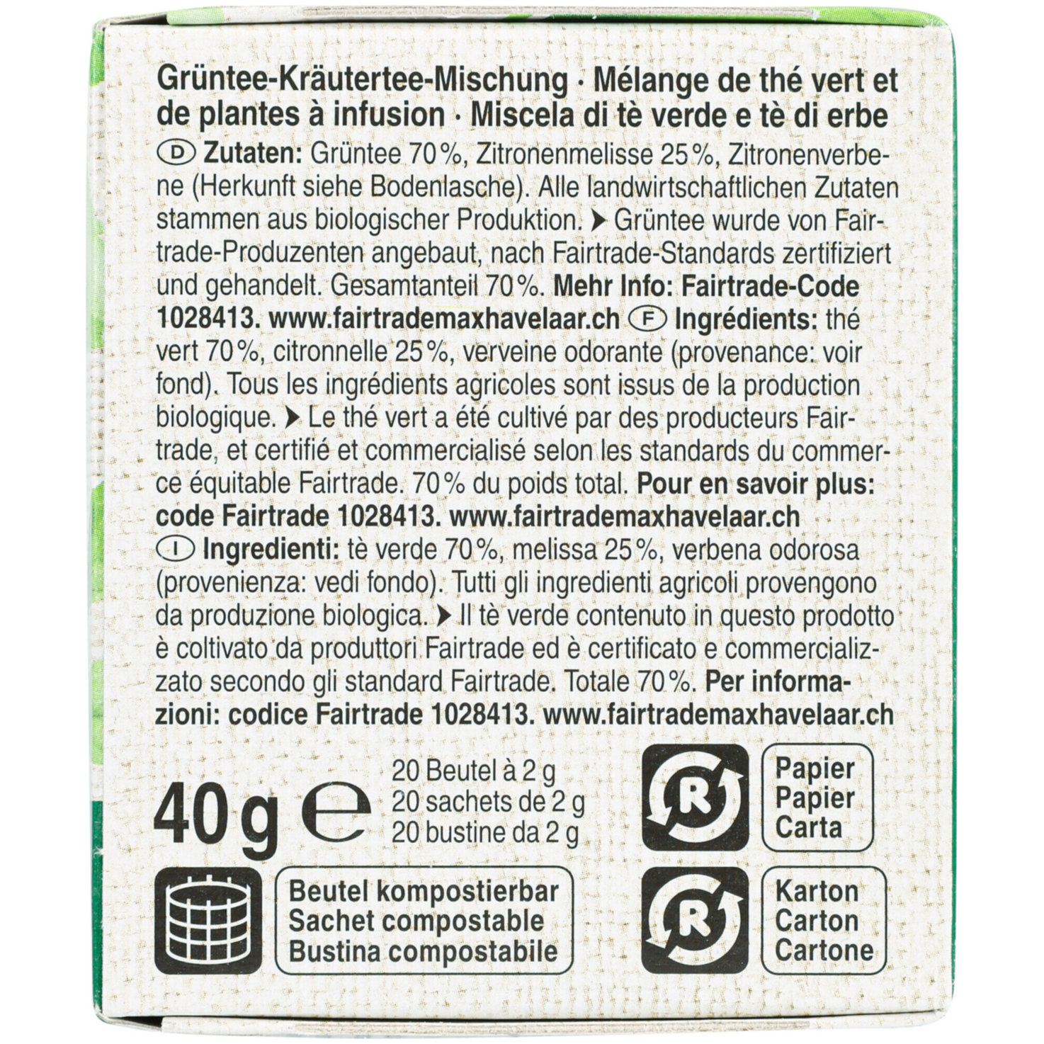Naturaplan Bio Fairtrade Grüntee Melisse 20 Beutel