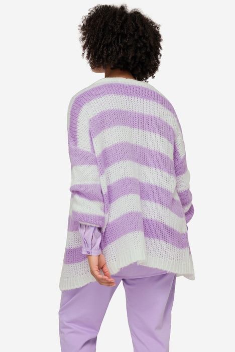 Strickjacke, oversized, Blockstreifen, offene Form, V-Ausschnitt, Langarm