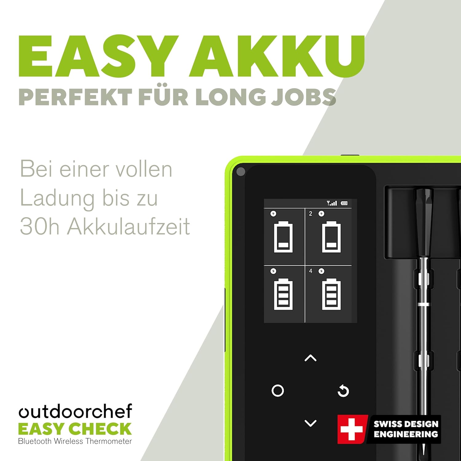 Outdoorchef Easy Check Thermometer Quadro – Wireless Bluetooth BBQ‑Thermometer mit App, 4 Fühler, 200m Reichweite, spülmaschinenfest, inkl. magnetischer Dockingstation