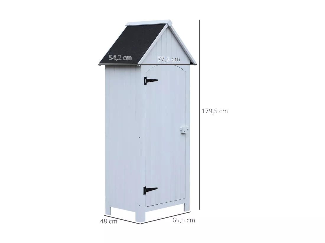 Armoire abri de jardin remise pour outils 3 étagères porte loquet toit pente bitumé dim. 77L x 54l x 179H cm bois sapin pré-huilé blanc