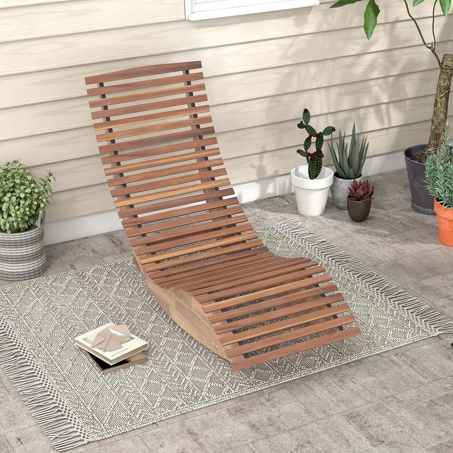 GIANTEX Sonnenliege Wetterfest, Schaukelliege aus Akazienholz, Gartenliege mit Schaukelfunktion, belastung bis 160kg, für Innenhof, Garten, Pool, 60 x 157 x 76 cm (2)