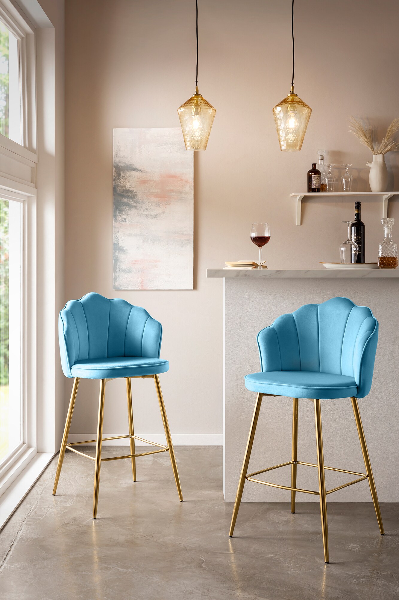 Barhocker Muscheldesign 2er Set aus Samt Blau Tresen Hocker Sitzhocker
