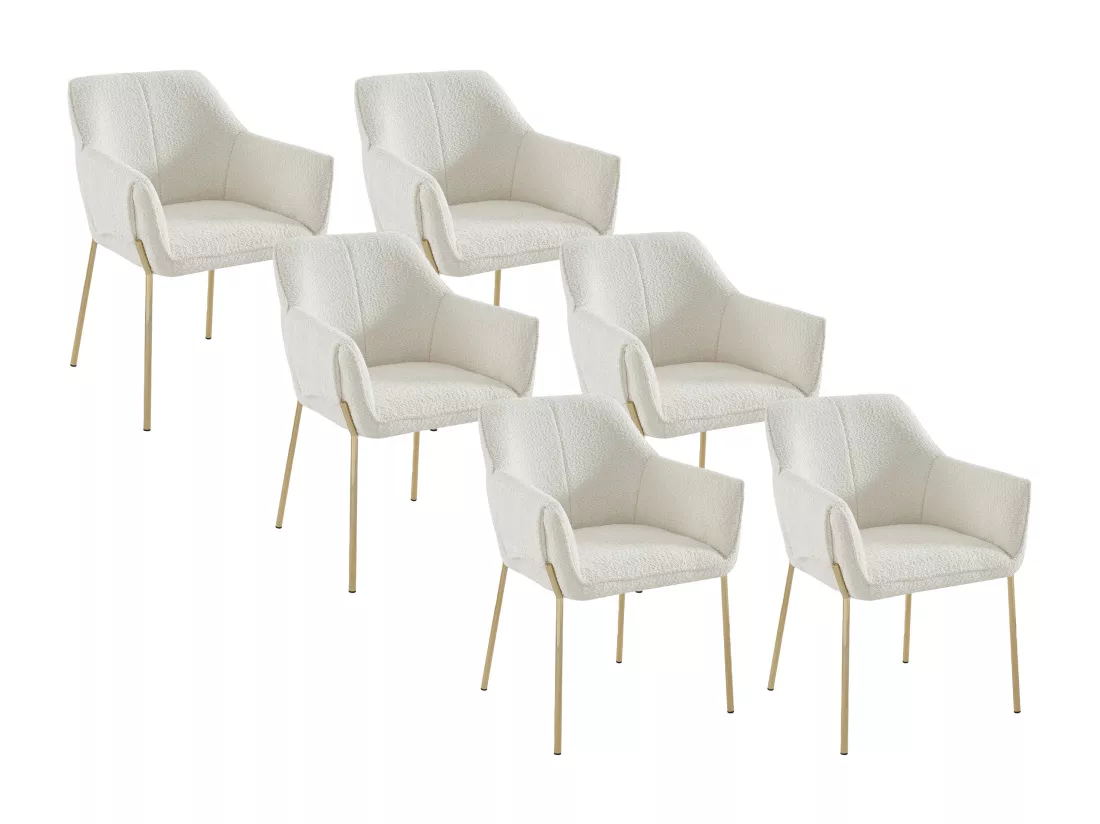 Lot de 6 chaises avec accoudoirs en tissu bouclette et métal doré - Crème - AKETI de Pascal Morabito