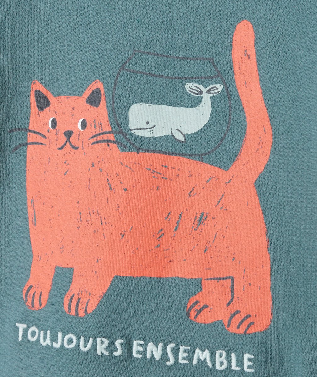 T-SHIRT MANCHES LONGUES BÉBÉ GARÇON EN COTON BIO VERT AVEC MOTIF CHAT