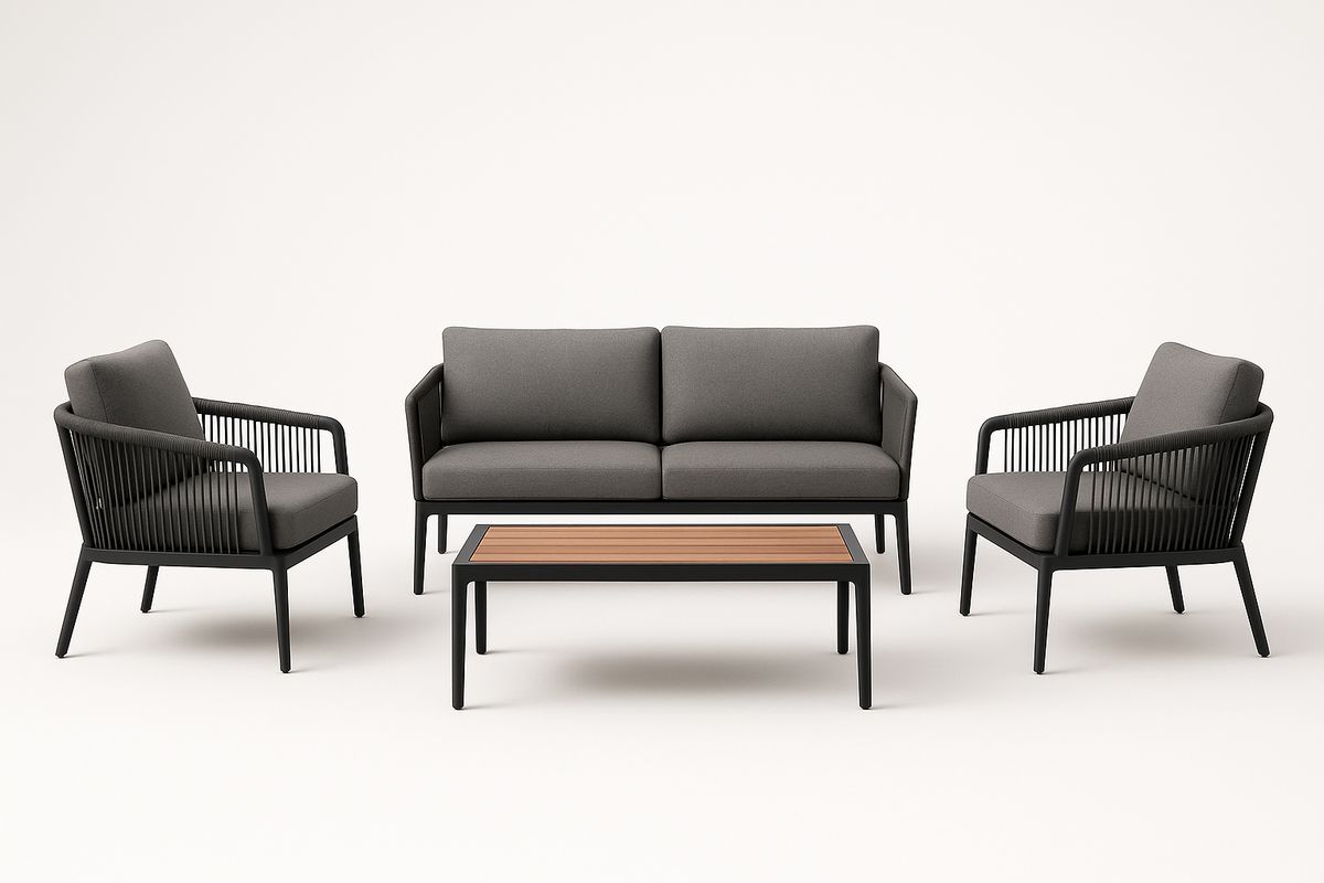 Gartenmöbel Set aus Aluminium und Holz in Dunkelgrau mit Sofa, Sesseln und Tisch