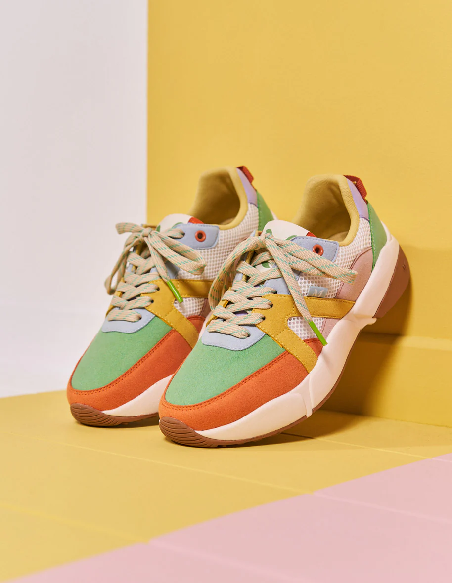 Baskets basses Lison - Suède vegan et mesh peche vert d'eau citron