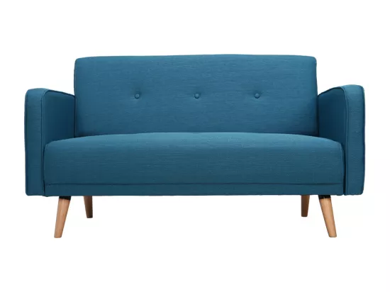 Canapé scandinave 2 places en tissu bleu canard et bois clair ULLA