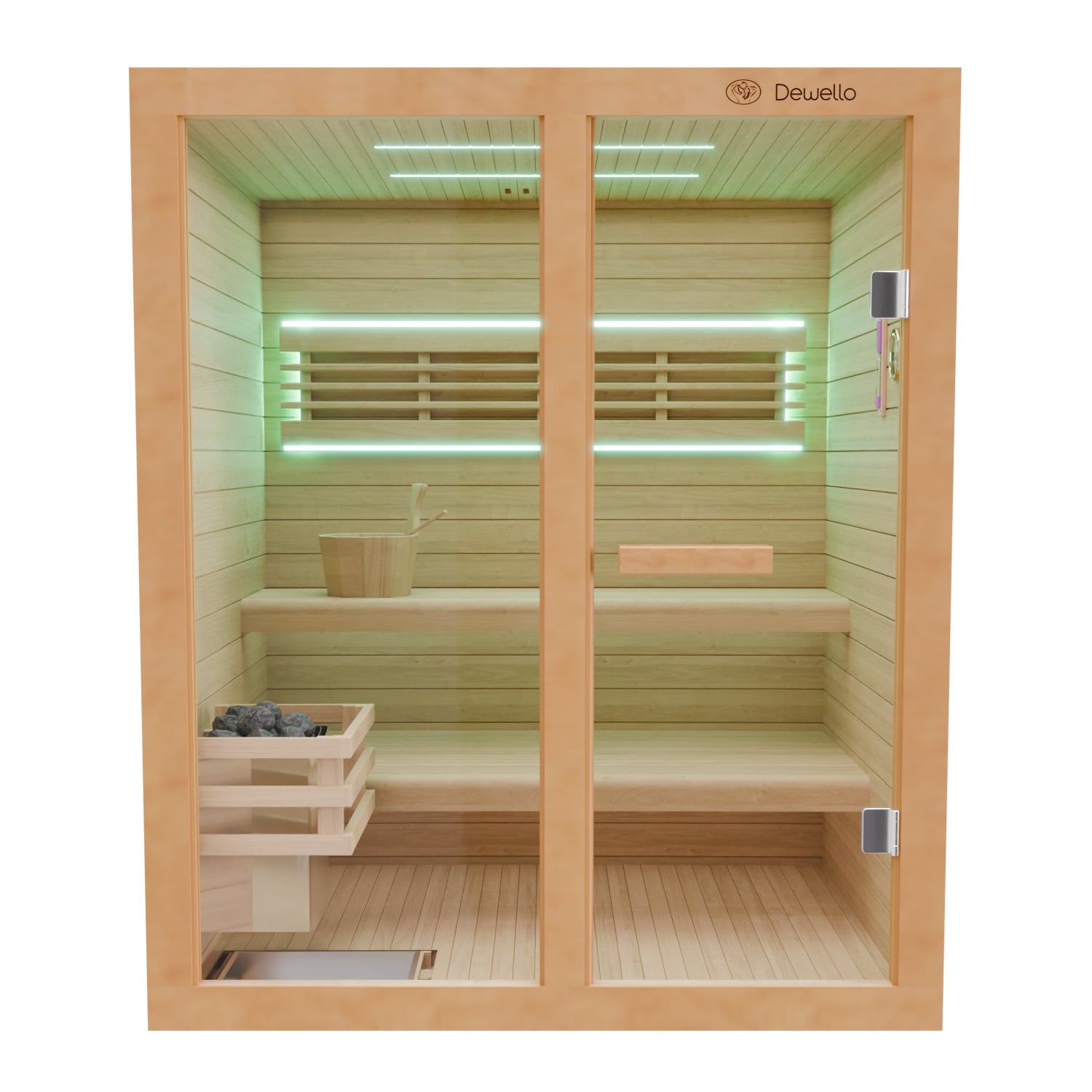 Dewello Finnische Sauna TOFINO 160x150 Kabine aus Hemlock Tannenholz mit,4,5 kW Harvia Ofen, inkl Sauna Set