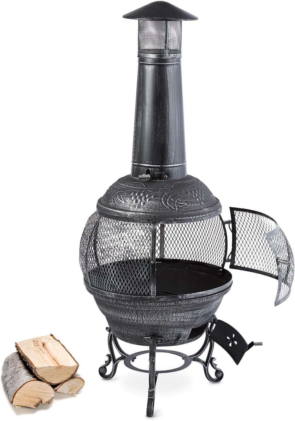 Blumfeldt Flavius, Feuerstelle, Gartenofen, Gartenkamin, Terrassenofen, Aztekenofen, Gusseisen, 360° Rundum-Gitter, Funkenschutz, antikes Design, Zugluftklappe, Eisenverzierungen, Altsilber