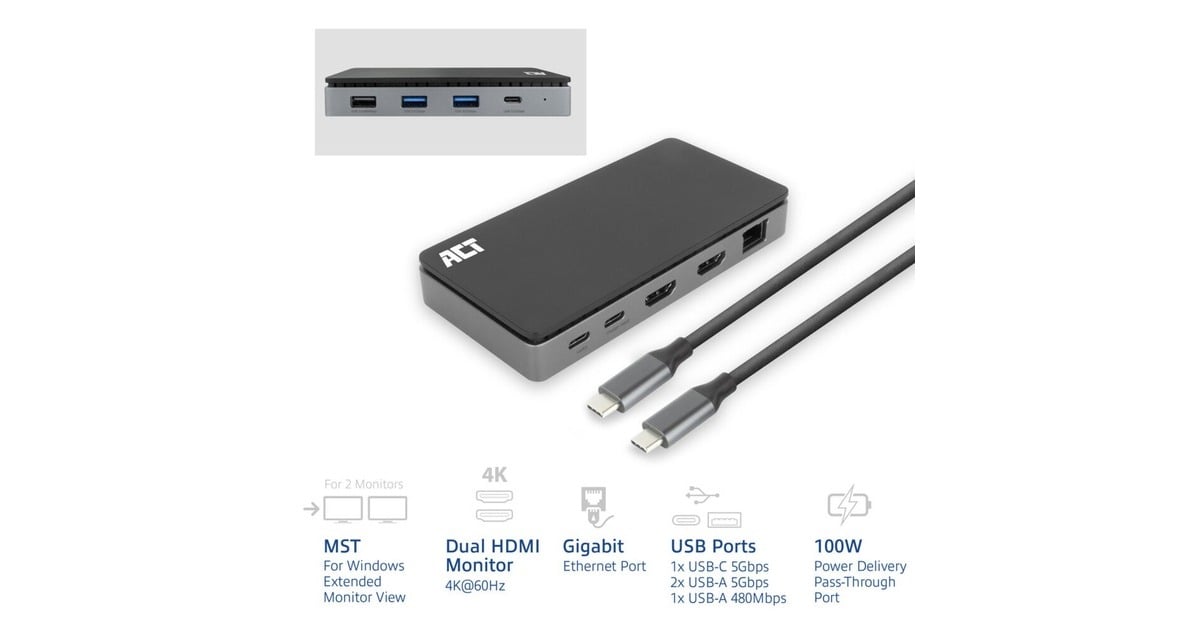ACT ConnectivityUSB-C 4K MST dockingstation  (Zwart/grijs)