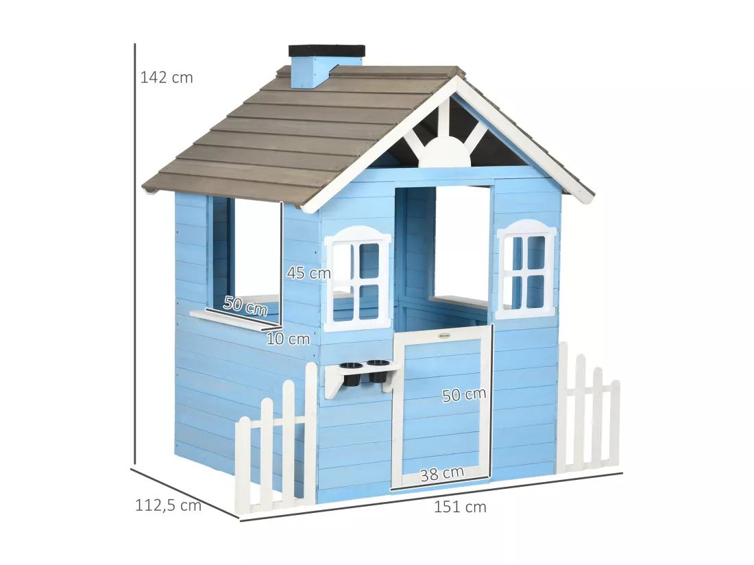 Maison de jeux enfant - jeu plein air maisonnette enfant - dim. 151L x 112l x 142H cm - bois sapin bleu blanc gris