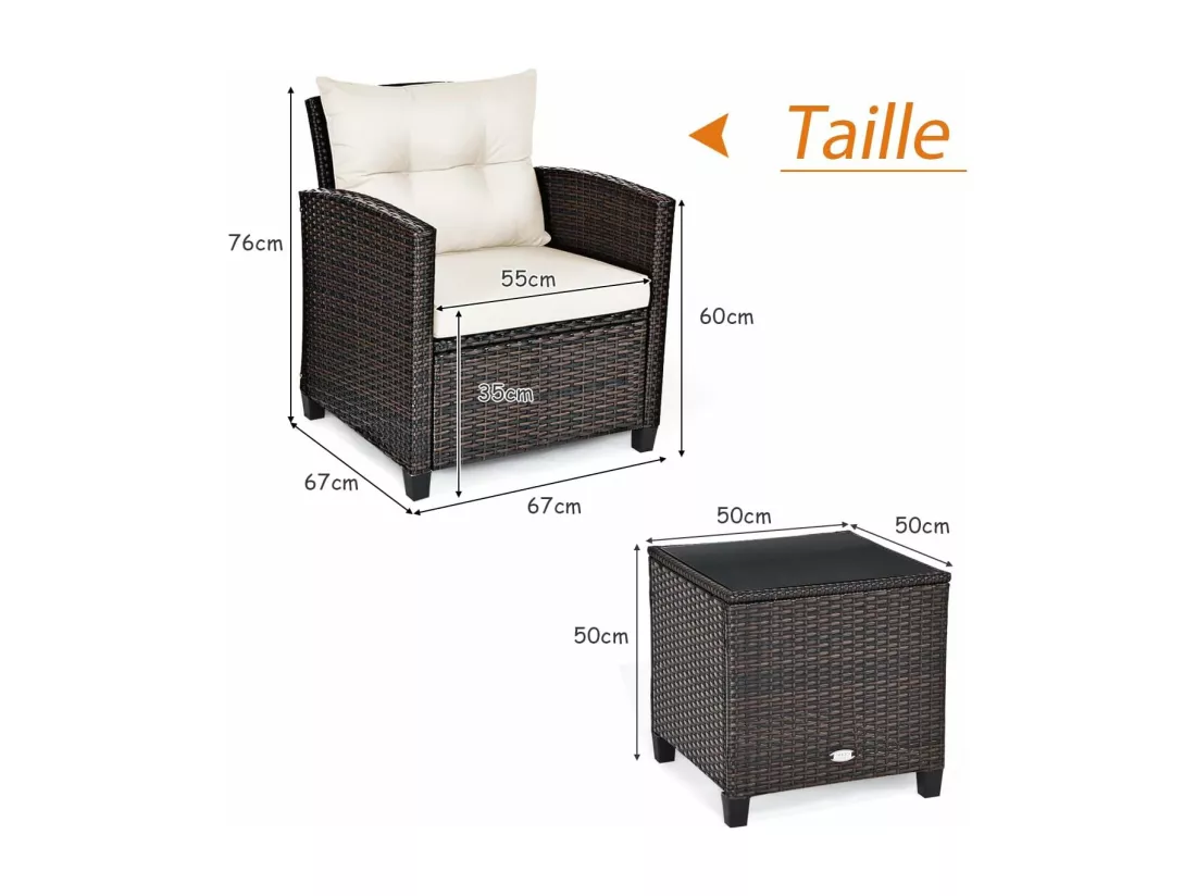 Salon de Jardin en Rotin et fibre naturelle - 3 Pièces - Charge 180KG - 2 Fauteuils et Table Basse avec Plateau en Verre Trempé – Beige