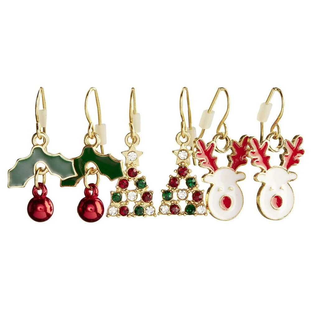 Boucle d'oreille x3 arbre de Noël - renne - houx