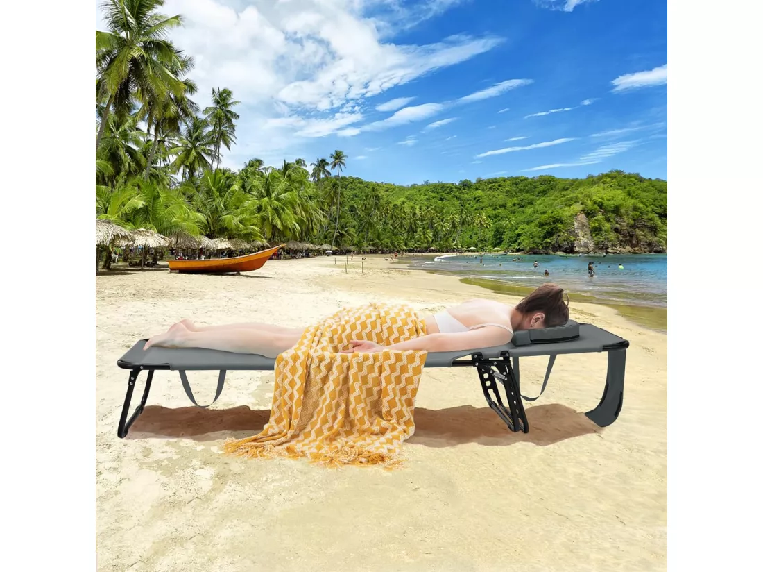 Chaise Longue Pliante Réglable à 5 Positions avec Trou pour Visage, Bain de Soleil en Tissu et velours Oxford avec 3 Coussins Amovibles, Charge 160 KG, pour Piscine Plage, Cour, CamBoisg(Gris)