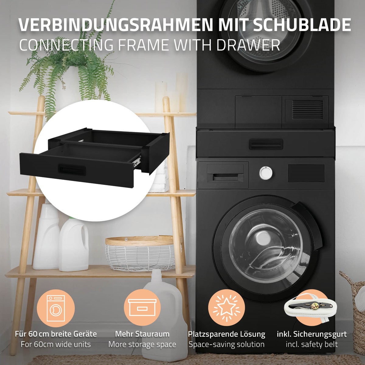 ML-Design stapelkit voor wasmachine en droger met uittrekbare lade, staal, 60,5x54cm, zwart, antislip, universele stapelkit, stapelframe, drogerstapel