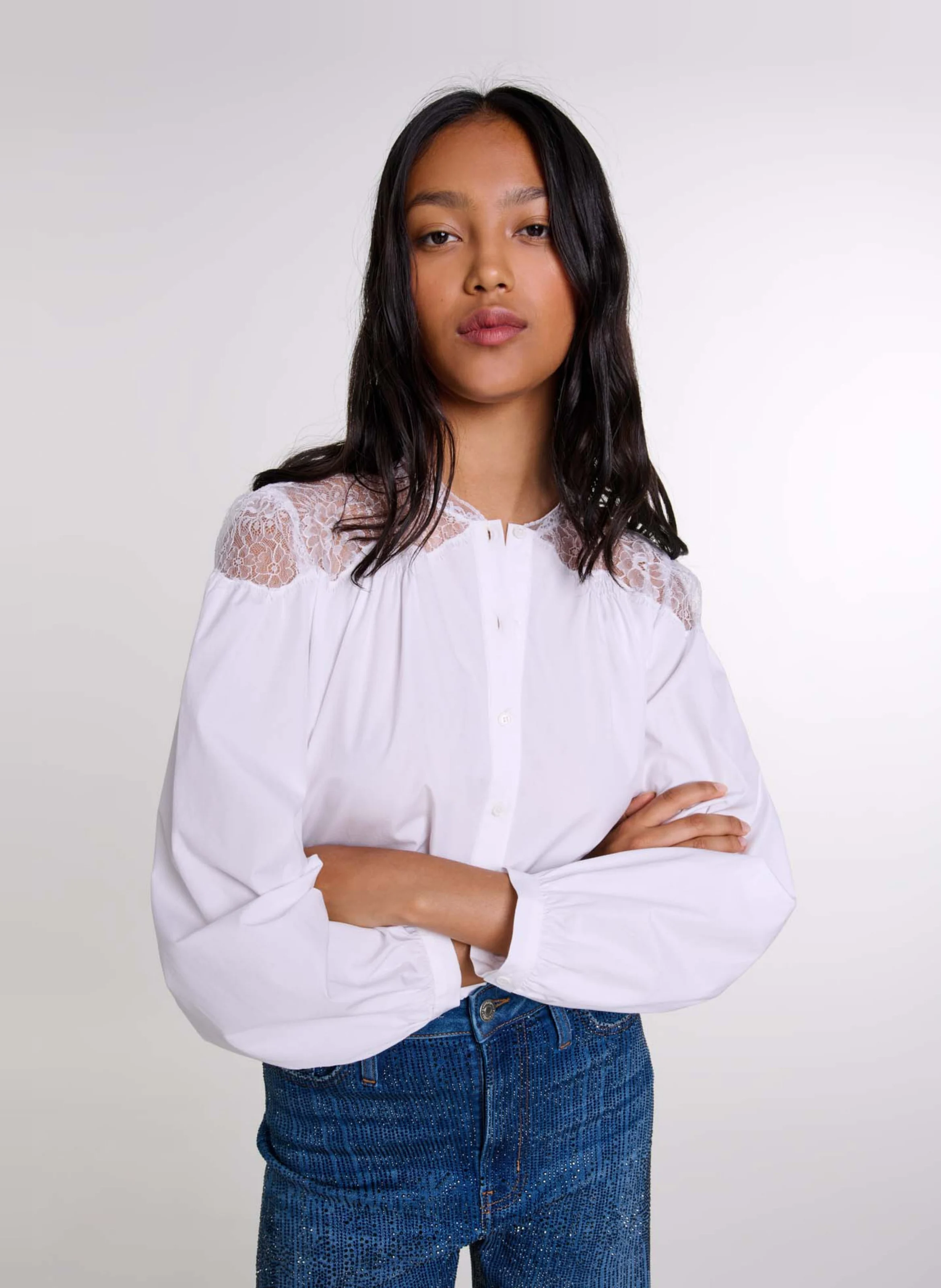 Chemise col rond droite en coton | Blanc