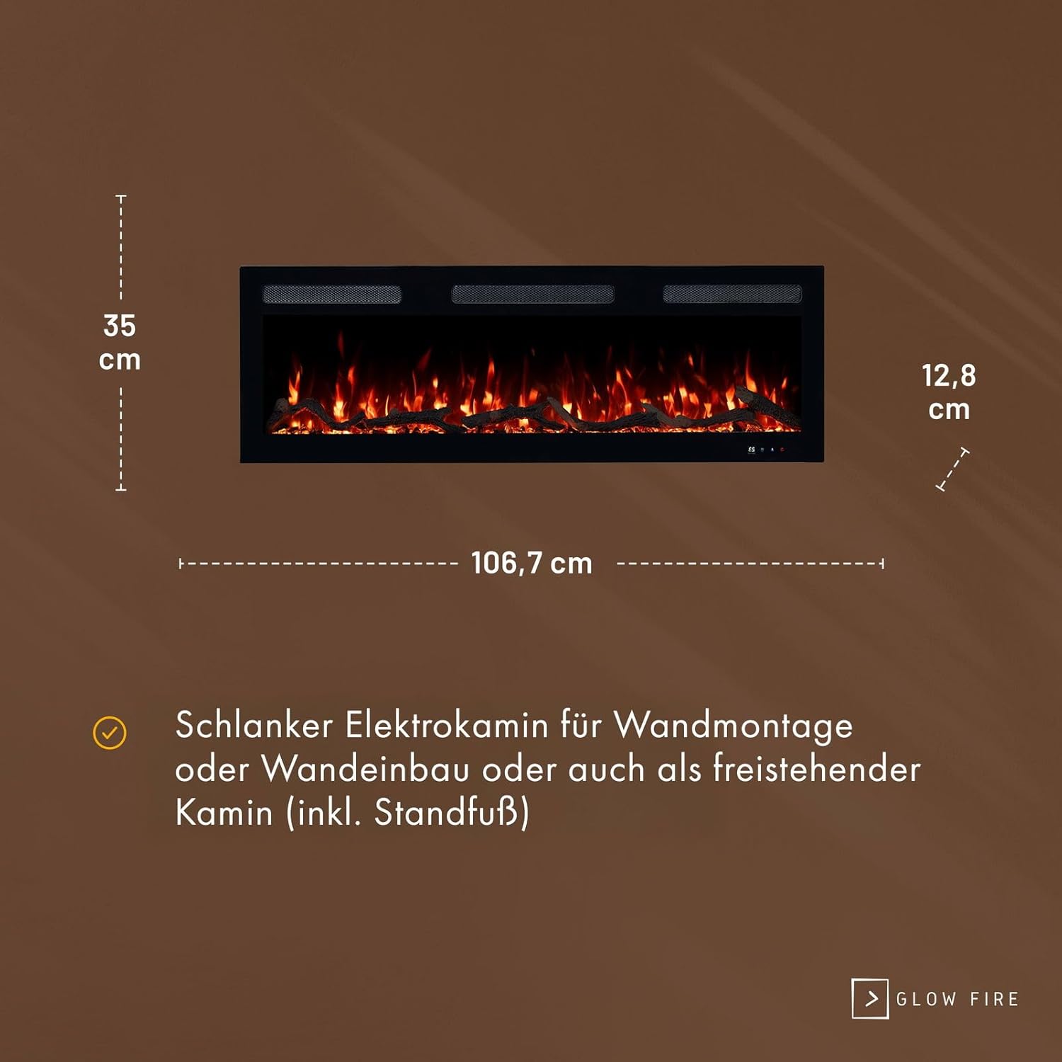 GLOW FIRE Elektrokamin Inside 106 mit realistischem 3D LED-Feuer - Wand-Elektrokamin mit Heizung und Kaminfeuer, App Steuerung, Knistereffekt & Timer, max. 1800 W, 106x35x12cm
