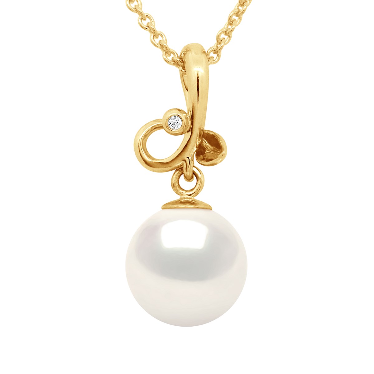 Pendentif TRIPLE NOEUD - Véritable Perle de Culture d'Eau Douce Ronde 9-10 mm - Blanc Naturel - Or Jaune