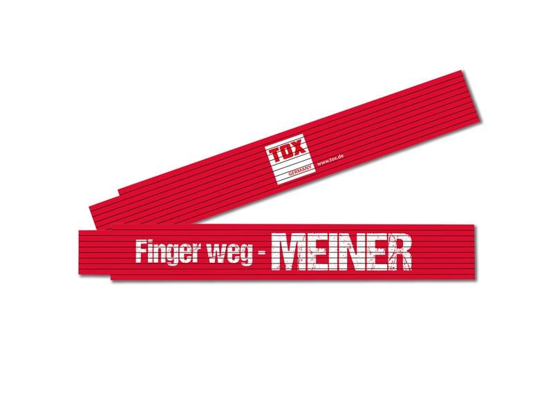 Tox-Dübel Doppelmeter «Finger Weg – MEINER», 2 m Meterstab aus Buchenholz mit Aufdruck «Finger Weg – MEINER», 2 m lang, in Farbe Rot
