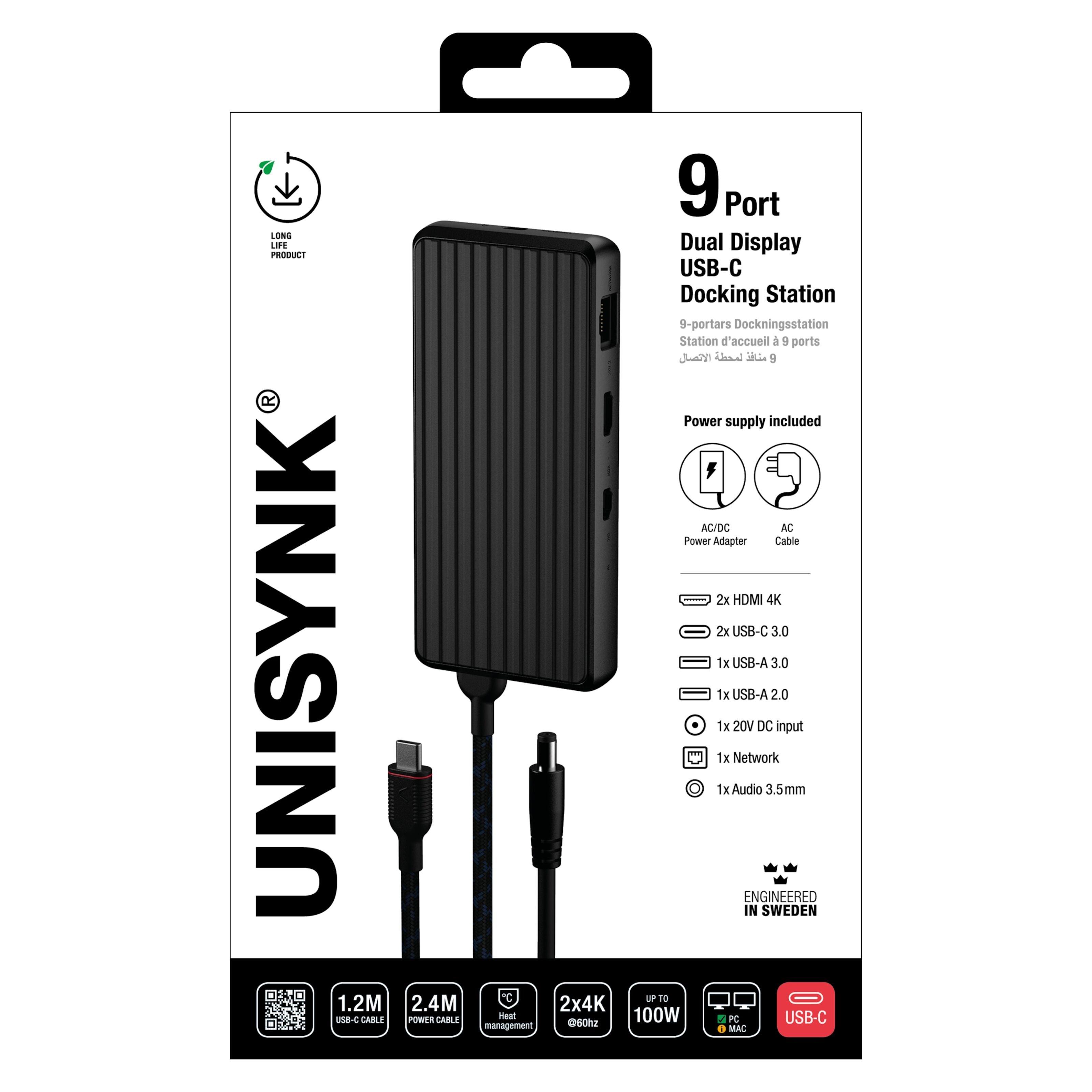 Unisynk USB-C-dokkingstasjon 9 porter 4K for to skjermer