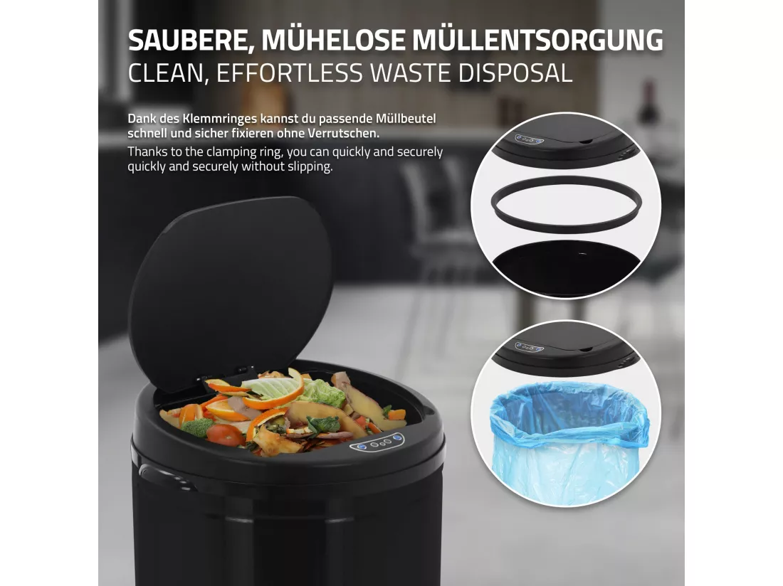 Poubelle 30L avec détecteur de mouvement en acier inoxydable ronde noir brillant