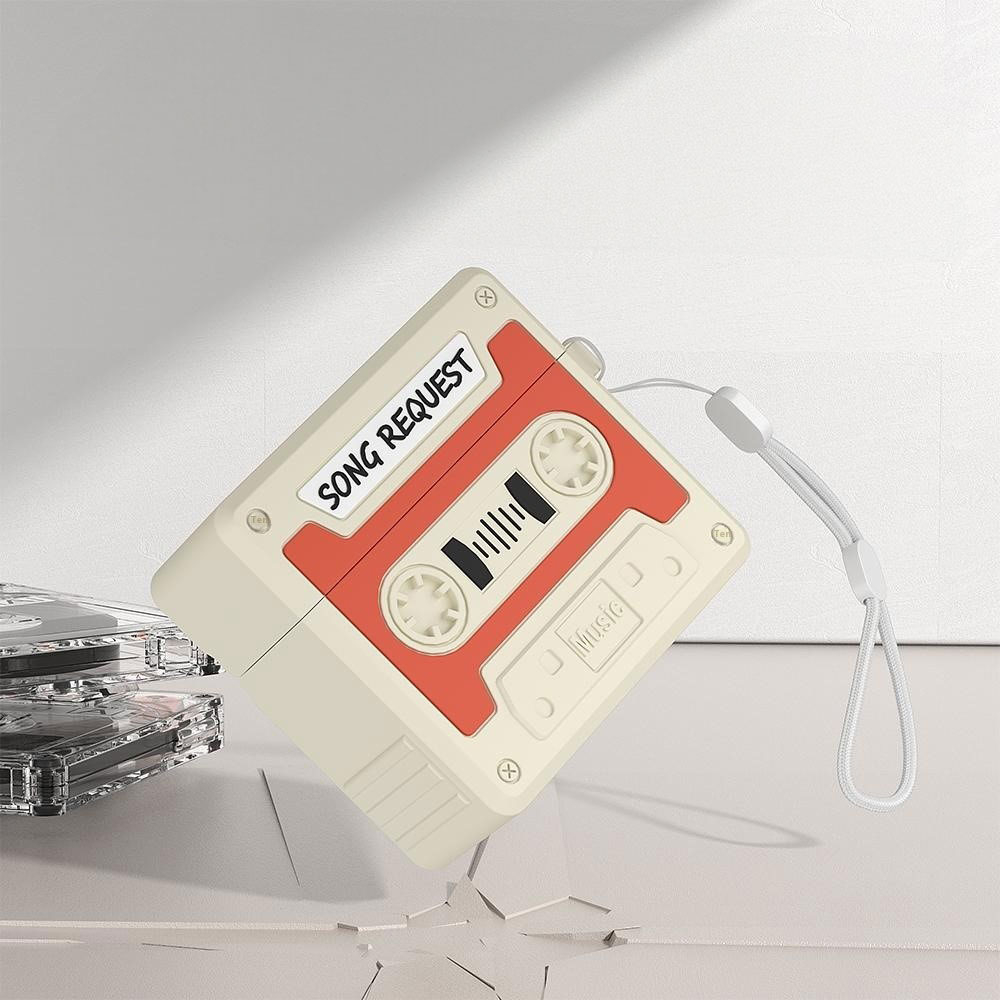 AirPods 4 Silikon Schutzhülle Abdeckung mit Handschlaufe Retro Kassette - Orange