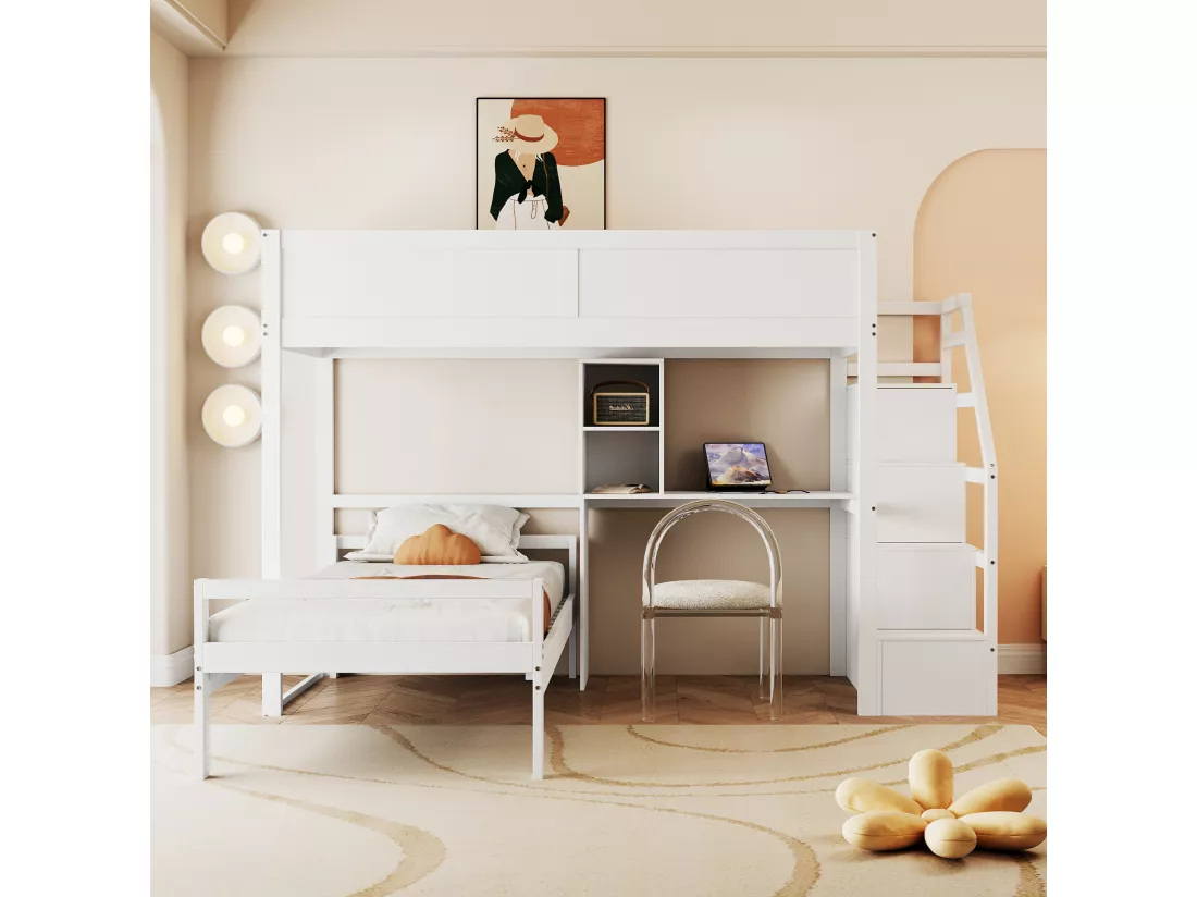 Lit superposé 90x200cm en bois massif - avec escalier de rangement et bureau - Blanc