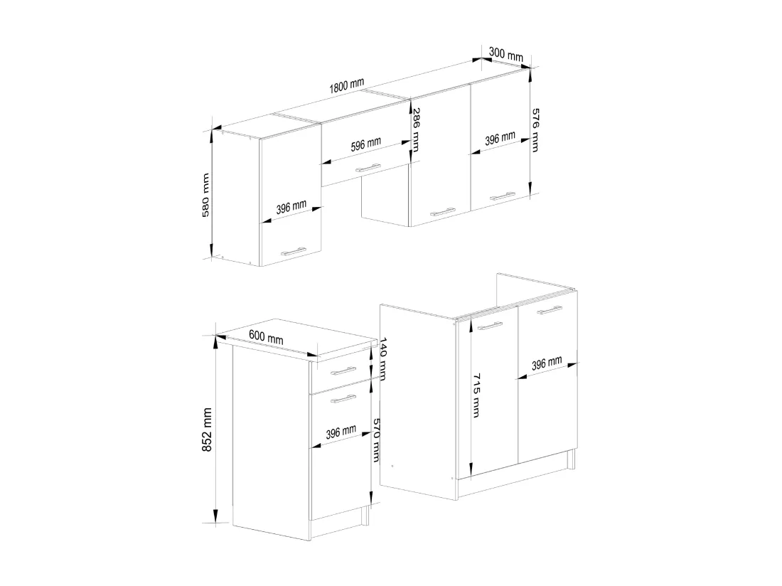 Ensemble De Cuisine AKORD OLIWIA 1.8m Blanc 180 cm 7 portes 1 tiroir façade Béton 8 étagères 180x46x203 cm