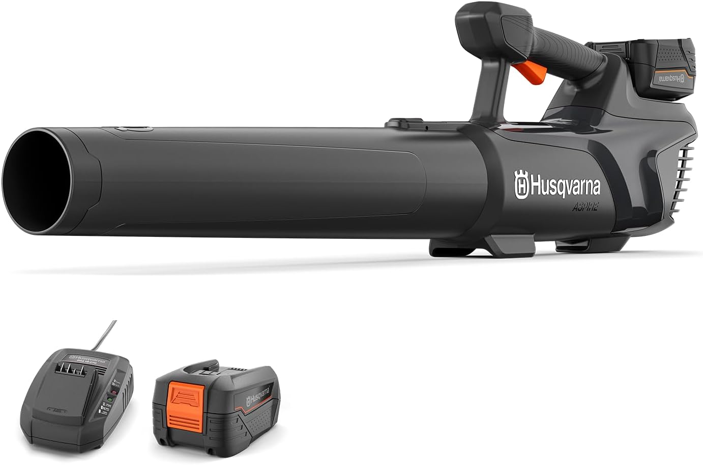 Husqvarna Akku Laubbläser Aspire B8X-P4A mit Akku und Ladegerät, 3 Geschwindigkeits Stufen, abnehmbares Rohr, leichte Handhabung