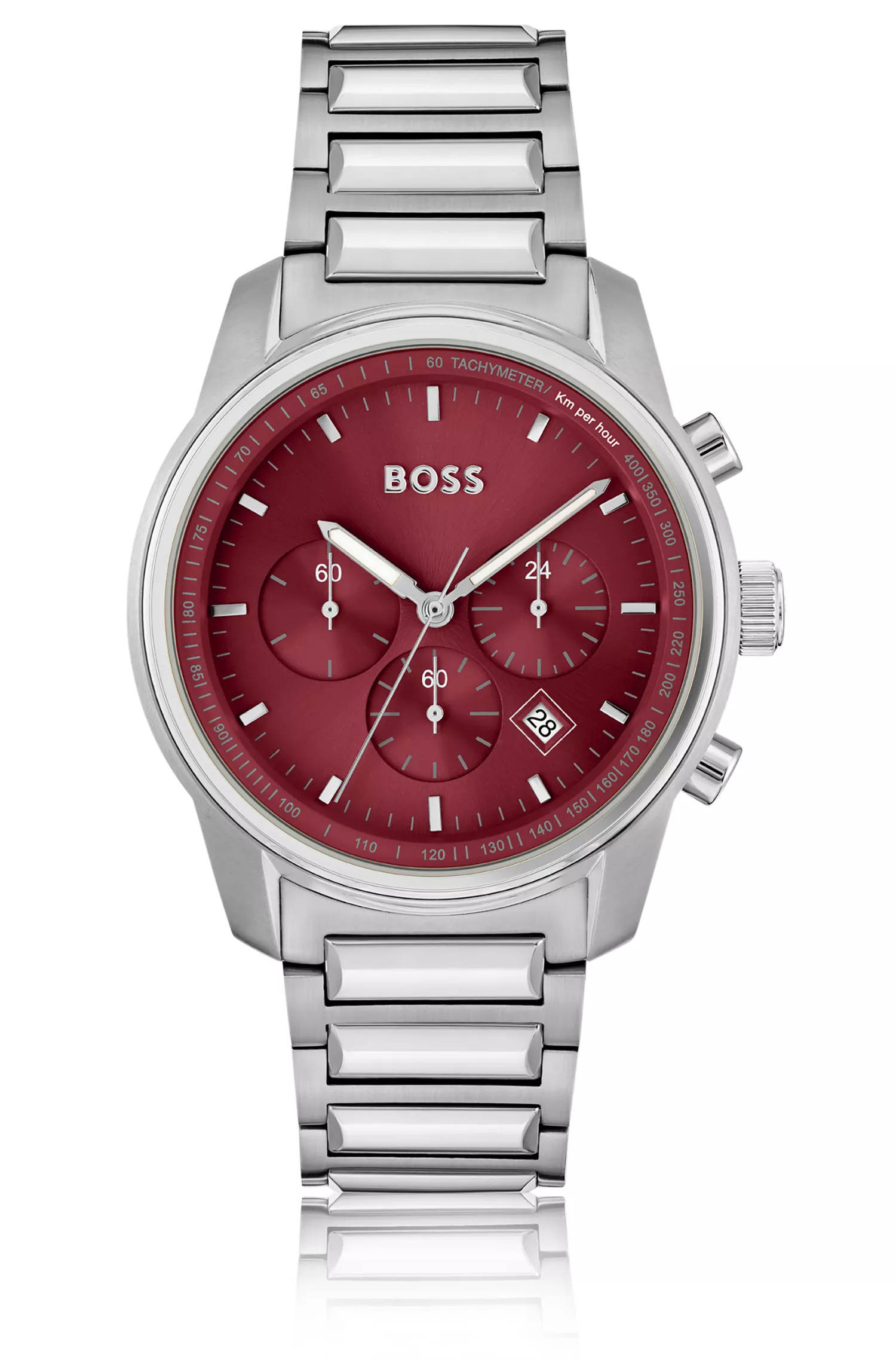 Relógio cronógrafo BOSS com pulseira de elos pretos e mostrador bordô.