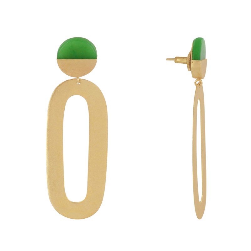 Boucles d'Oreilles Laiton Doré Petit Disque Coloré et Grand Ovale Ajouré